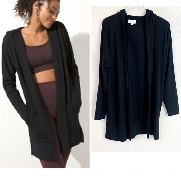 Soma Wknd Black Ultra Soft Brush Terry Hooded Open Front Cardigan Size M - Picture 1 of 6